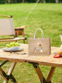 亚麻手提袋，包括印有首字母 A-Z 的手提袋、白色字母、向日葵花、花朵、个性化礼品包装、带白色扣环的黄色亚麻白色手提袋，适合婚礼、生日、海滩、节日，是送给女性、母亲、教师、朋友、伴娘、大包、学生和返校的完美礼物 - 卡其色 - 查看 6