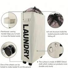 سلة غسيل قابلة للطي خلفة أسطوانية نايلون مقاوم للماء بعجلات، حرك سلة التنظيم متعددة الأغراض لزاوية المنزل، مجموعة سلة غسيل قابلة للطي وللمنظم للغرفة المعيشة/ غرفة النوم/ الحمام/ صالة اليوغا