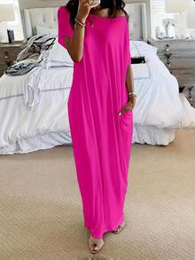 Women's Solid Color Batwing Sleeve Lounge Dress, Casual Elegant Comfy Short Sleeve Baggy Nightdress Daily Wear, Ladies Sleepwear All Seasons, Womenswear, Night Gown Women Loungewear Comfort - Grey - View 5