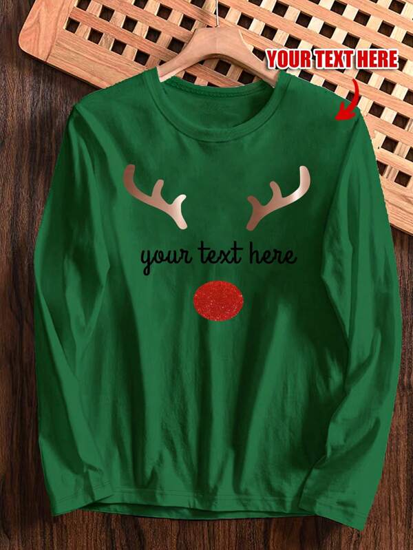Plus Customized Personalized Christmas Text Printed Long Sleeve Casual Home Top, Fall, Cozy