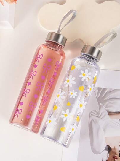 1 pieza Botella de agua portátil de plástico transparente de 550ml con diseño de lazo/margarita, resistente a los golpes, linda y minimalista para viajes y útiles escolares