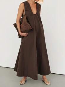 Women's Summer Long Tank Dress Solid Color Sleeveless Scoop Neck Ruched Wide Shoulder Loose Dress - 棕色 - 查看 6