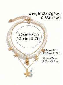 3 Stücke Vintage Bohemien Stil Metall Seestern Muschel Anhänger Halsketten Set, Barock Perlen Halskette, geeignet für Damen Alltagstragen & Strandurlaub Schmuckset