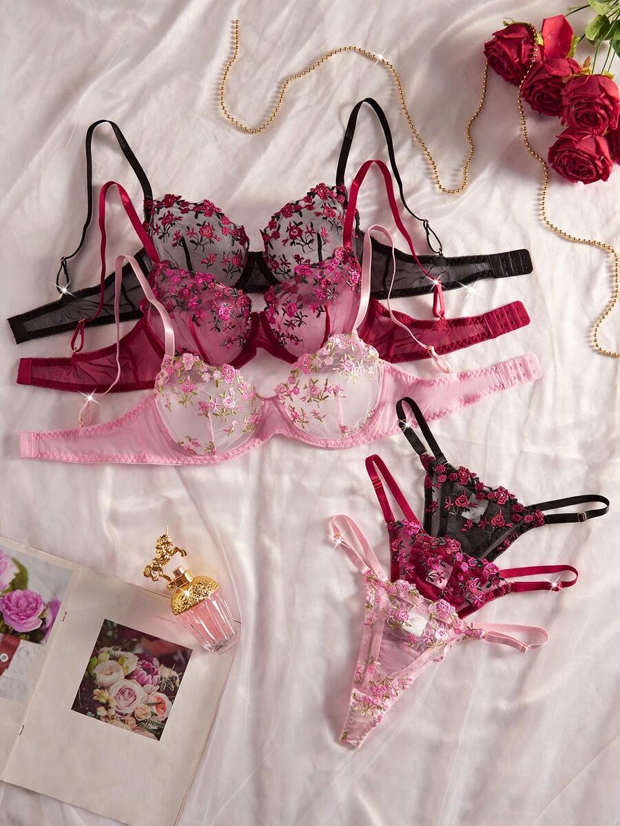 ROMWE Kawaii Bộ đồ lót gợi cảm 3 món dành cho nữ, phối màu, bộ áo ngực táo bạo và quyến rũ.