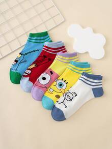 5 Pairs Fun Personalized Cartoon Cute Multi-Color Jacquard Spongebob Octopus Face Striped Pattern Short Socks, Sports Style, All Season, US/EU Sizes, Comfortable Breathable , Rich Colors, Suitable For Daily Wear, Premium Fabric, Non-Smelly - Multicolor - View 2