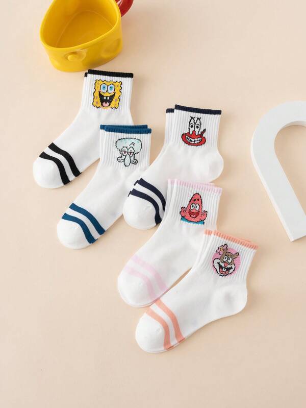 SPONGEBOB 5 Pairs Interesting Personalized Cartoon Cute Multicolor Jacquard Spongebob Series Stripe Pattern Kids Mid-Calf Socks, Sports Style, All Season, European&American Size, Comfortable Breathable , Rich Colors, Suitable For Daily Wear, Premium Fabric, Non-Stuffy