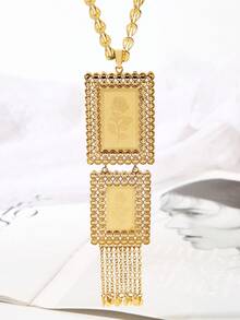 3 件套时尚玫瑰复古风格椭圆形和方形吊坠项链和耳环首饰套装，适合日常佩戴或节日派对 - 彩色 - 查看 4