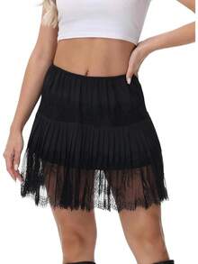 Lace Shirt Extender For Women Plus Size Underskirt Elastic Waist Half Slip Mini Skirts - 02 Đen - Xem 1