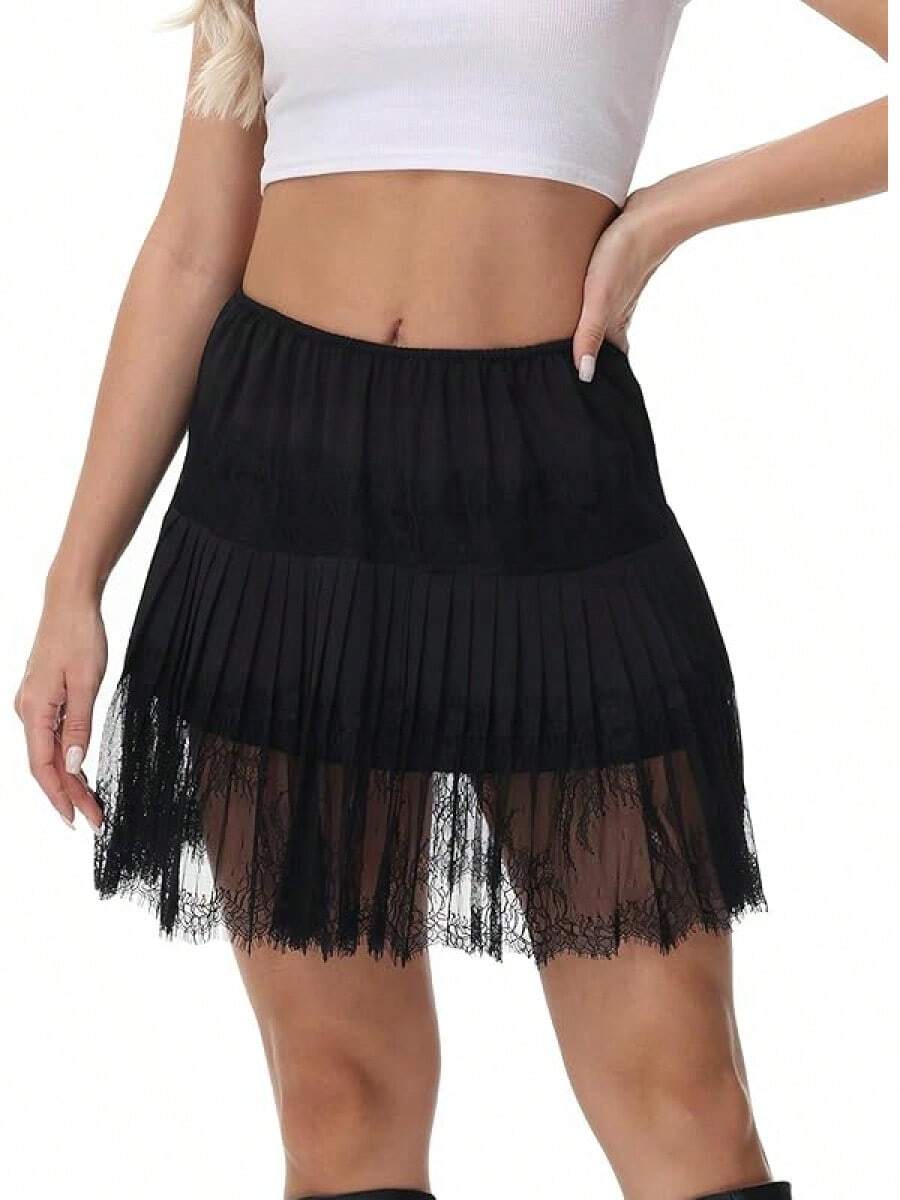 Lace Shirt Extender For Women Plus Size Underskirt Elastic Waist Half Slip Mini Skirts - 02 Đen - Xem 1