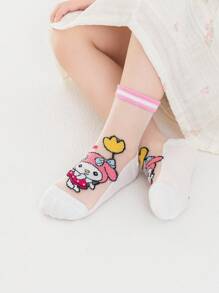 Sanrio 5 Pairs Girls Short Socks, Melo-Dy Baby Boat Socks, Pink Tones, Rabbit, Ice Cream Cartoon Patterns, Cute Casual Style, Thin For Summer, Suitable For Students, Daily, Holidays, Back To School, New Semester, Classroom, Can Be Paired With Skirts, Casual Pants
