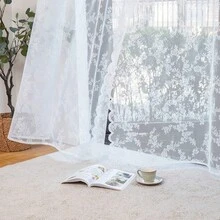 2pc European-Style Embroidered Semi-Transparent Plant Pattern Lace Window Screen Curtain, Home Decoration - White - View 5