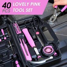 Local Shipping 2025 New  Home Tool Kit General Household Hand Pink Tool Set With Plastic Toolbox Storage Case For Home, Mini Tool Kit For Women40 Pcs - 粉色 - 查看 3