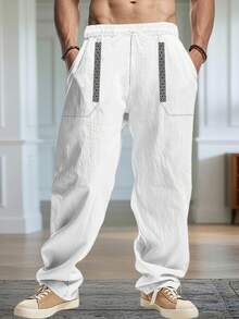 Men's Drawstring Linen Pants With Pockets Stylish Geometric Embroidery Casual Mid Rise Wide Leg Trousers For All Seasons - White - View 1