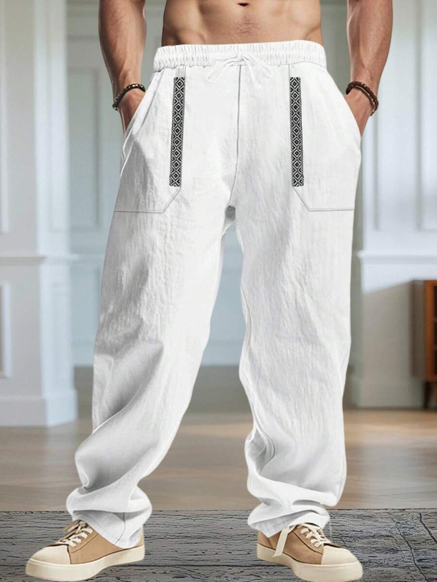 Men's Drawstring Linen Pants With Pockets Stylish Geometric Embroidery Casual Mid Rise Wide Leg Trousers For All Seasons - White - View 1