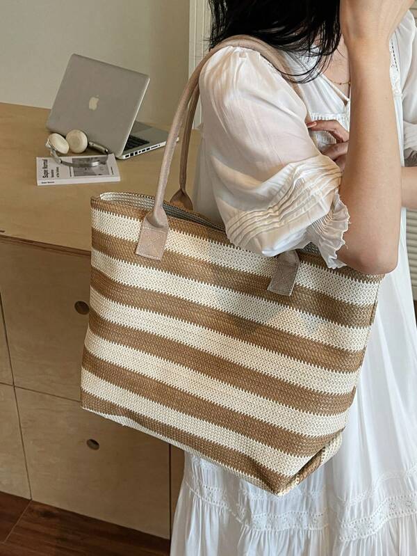 Large Capacity Woven Beach Bag For Women, Versatile Colorblock Striped Design, Summer Straw Tote Handbag