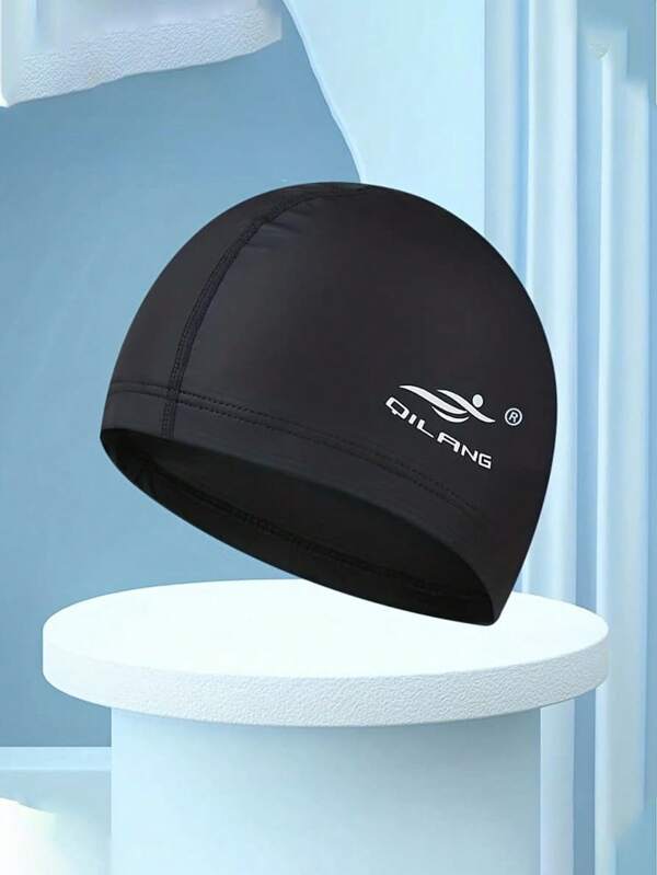 1pc Unisex Waterproof Swim Cap, Elastic PU Material With Ear Protection Design, Suitable For Long Curly Hair
