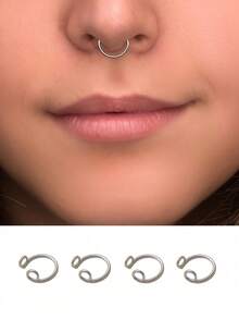 3Pcs/1Pc Fake Nose Ring Nasal Septum Faux Piercing Jewelry 8Mm Fake Nose Ring Hoop For Faux Lip Septum Nose Ring Set Fake Lip Ring Lip Nail New No Need For Perforation - Multicolor - View 6