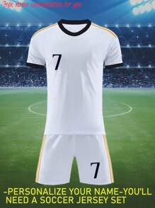 2pcs Customized Name Youth Soccer Jersey Set - Classic White #7, Round Neck Short Sleeve Shirt And Shorts, Polyester, Suitable For Sports, Training And Casual Wear, Outdoor Perfect Choice