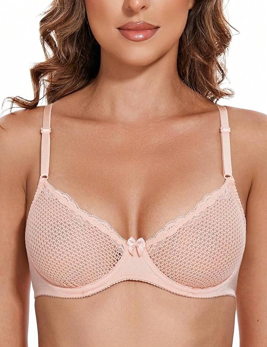 Women's Sexy 1/2 Cup Lace Bra Balconette Mesh Underwired Demi Shelf Bra Unlined See Through Bralettehalloween - Hồng nude - Xem 1