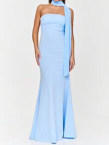 Women Sleeveless Long Bandeau Tube Top Dress Off Shoulder Solid Color Maxi Dress, With Scarf - Blue - View 1