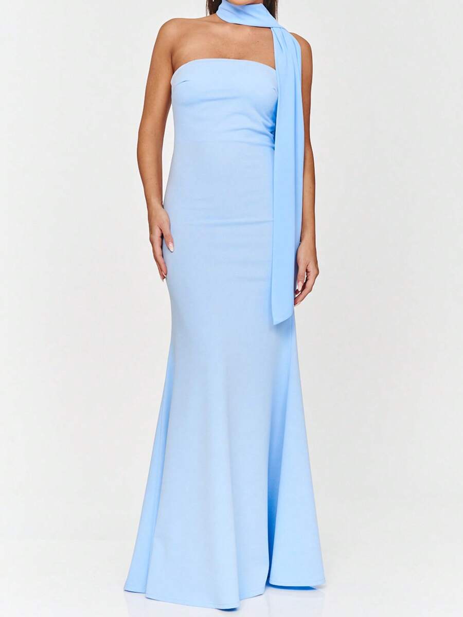 Women Sleeveless Long Bandeau Tube Top Dress Off Shoulder Solid Color Maxi Dress, With Scarf - Blue - View 1