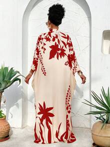BIUBIU 这款大码女式春夏露肩宽松阿拉伯风格长裙，饰有阳光/植物元素印花，是春季度假的重要时尚单品。 - 杏底紅花 - 查看 2
