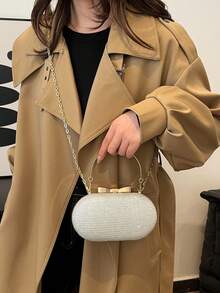 Fashionable Mini Glamorous Metal Chain Shiny/Sequin Portable Gold Women's Evening Bag, Elegant Wedding Crossbody Handbag - Silver - View 4