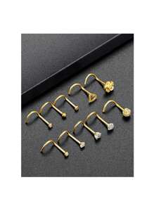 Set de 10 piezas Anillos de nariz elegantes y sexys de acero inoxidable con piedras de circonita cúbica sintética, estilo hip hop con pasadores para perforaciones corporales, para uso diario o fiestas para mujeres