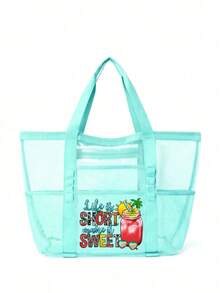 网状沙滩包大号沙滩手提包，带拉链封口的多用途整理袋，可折叠方便大号网状手提包轻便，适合家庭使用沙滩包，可装玩具和度假必需品，书包，大容量，防水，轻便，便携，可折叠