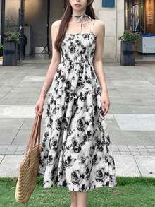 Summer Vacation Elegant Ditsy Floral Sleeveless Dress - White - View 2