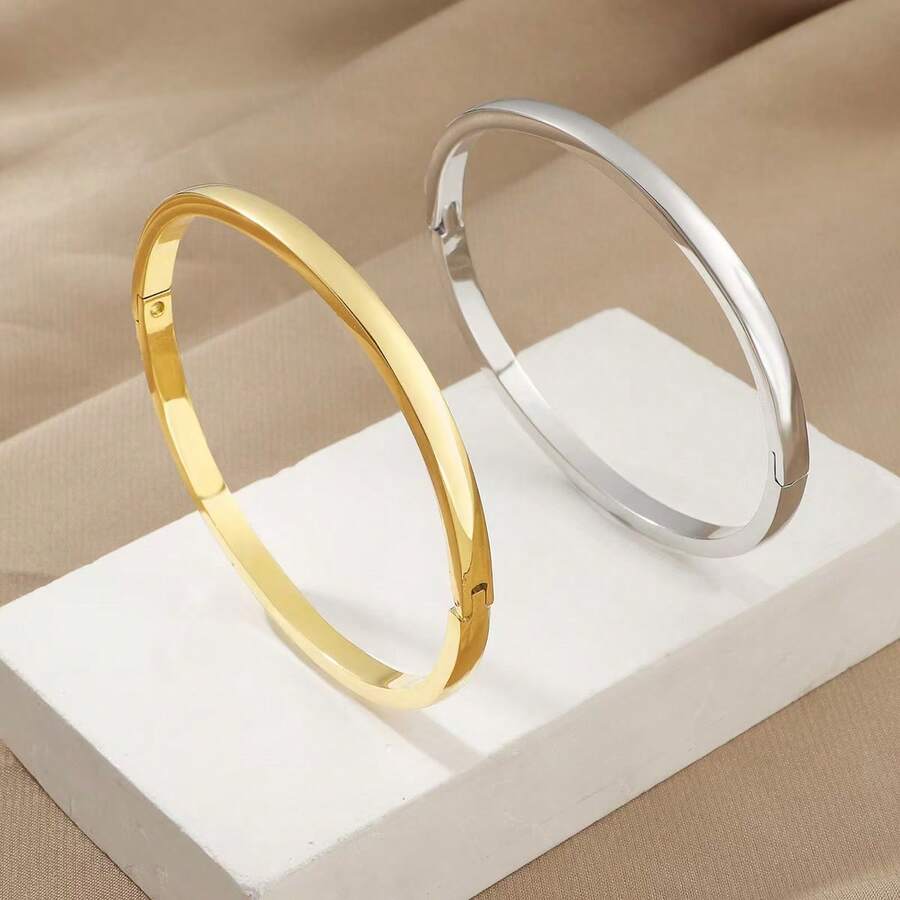 1pc Minimalist Stainless Steel Plain Circular Bangle Bracelet With Glossy Clasp, Suitable For Women's Daily Wear - Inner and Outer Curved Surfaces - View 1