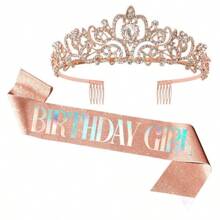 2 Pieces/Set Baroque Rhinestone Birthday Princess Belt Birthday Queen Crown Tiara Rhinestone Birthday Headband Birthday Ribbon Pearl Pin Happy Birthday Crown And Belt Birthday Party Party Decoration Bridal Headpiece Adds A Touch Of Elegance To Your Party Decoration Party Supplies Ribbon