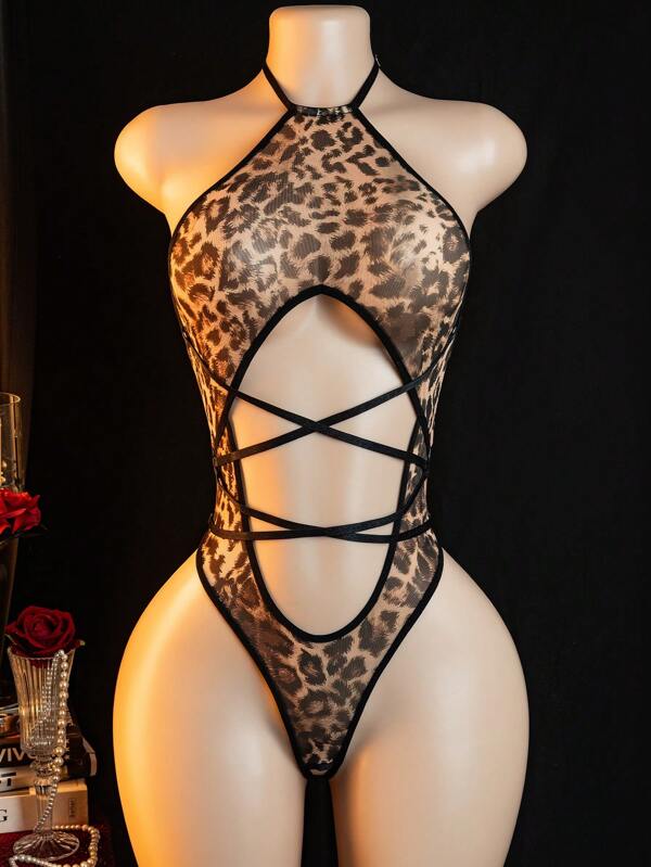Body feminino sexy com estampa de leopardo, malha transparente, frente única, sem costas, com recorte e detalhe de tiras, para sair