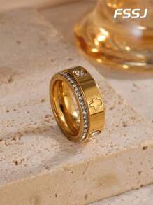 2pcs Set 18K Gold Plated Stainless Steel Clover Design Cubic Zirconia Rings, Waterproof & Fade Resistant, Suitable For Women Everyday Wear, Party, Holiday Gift