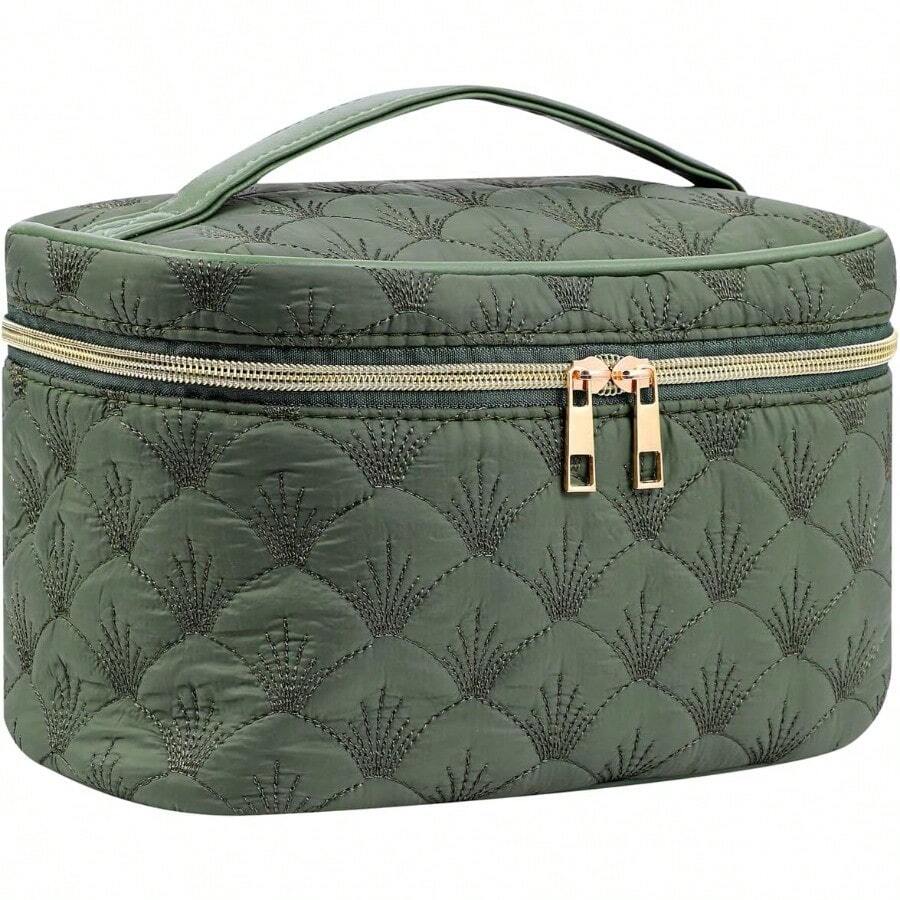 Medium Size Quilted Makeup Bag With Brush Compartment Coastal Granddaughter Cosmetic Bag Seashell Portable Travel Toiletry Pouch 04Dark Green - 04DarkGreen - View 1