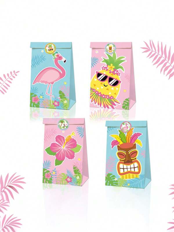 1 conjunto/8 peças, Havaí, Verão, Flamingo, Abacaxi, Saco de doces para festa de aniversário, Saco de papel kraft para presente (estilo aleatório)