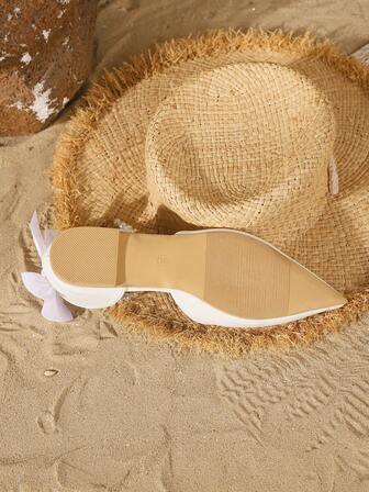 Höst/vinter Nya Mode Dam Pärldekor Spetsiga Tå Mary Jane Casual Platta Skor, Vita Ihåliga Rosettdesign