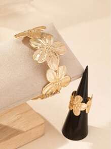 Floral Design Open Bangle & Ring Set For Women, Elegant Geometric Flower Pattern, Sexy Style, Versatile For Daily Wear - Minimalist Metal Bracelet