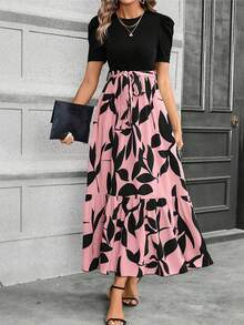Floral Print Crew Neck Dress, Elegant Short Sleeve Tie Waist A-Line Ankle Length, Dress For Spring & Summer, Round Neck, Short Sleeve, Women's Clothing - 粉色 - 查看 2