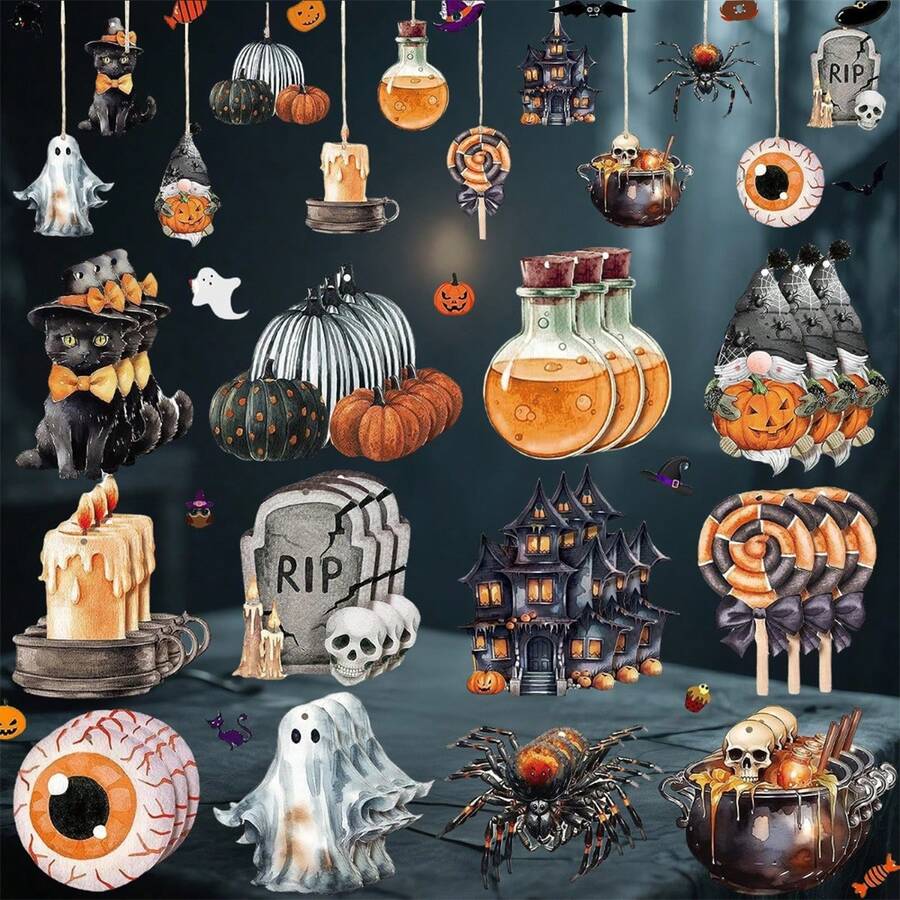 Halloween Tree Wood Ornaments 36 Pcs Set Pumpkin/Ghost/Castle Hanging Decoration For Classroom Home Office Home Decor Halloween Decor Fall Decor Room Decor