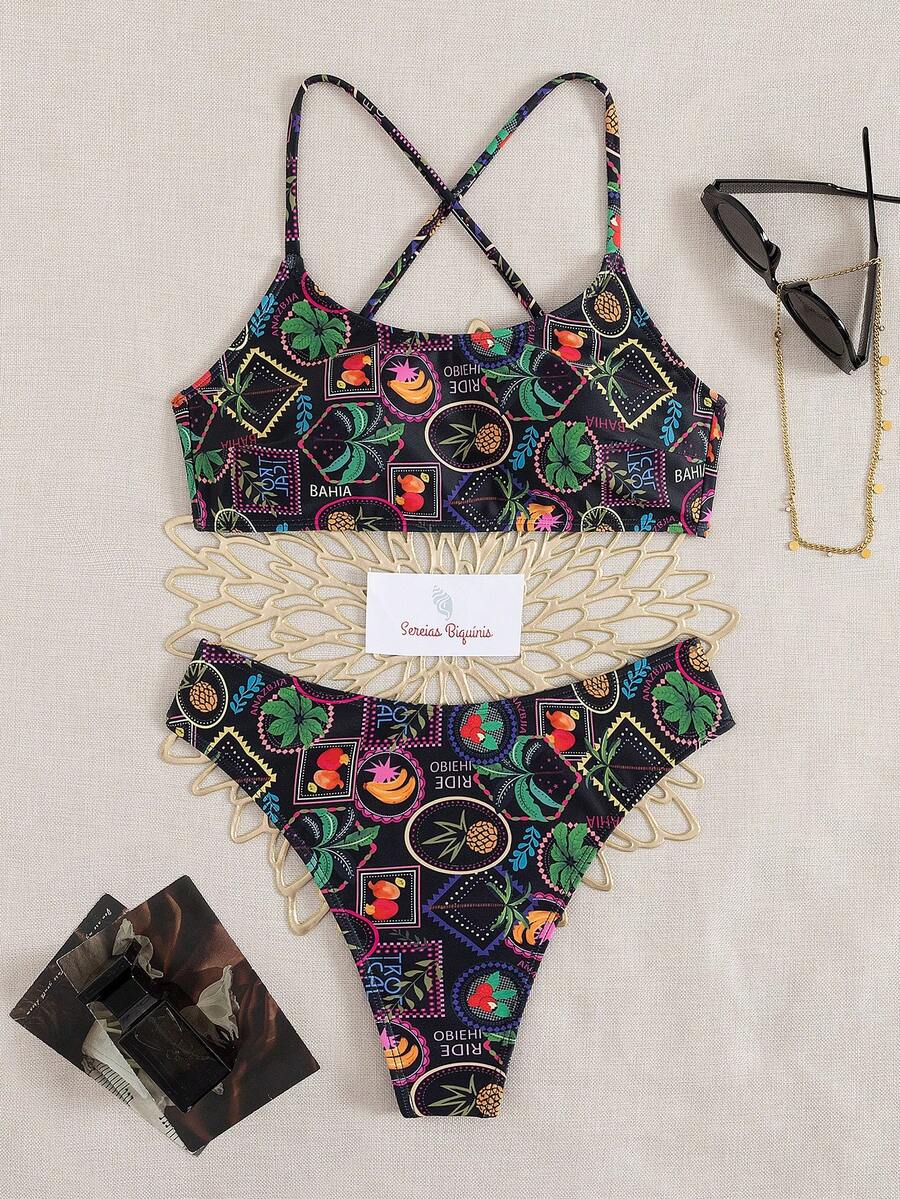 女士性感抹胸比基尼套装：全身印花泳衣，适合夏季海滩和节日 | 优雅假期 - 彩色 - 查看 1