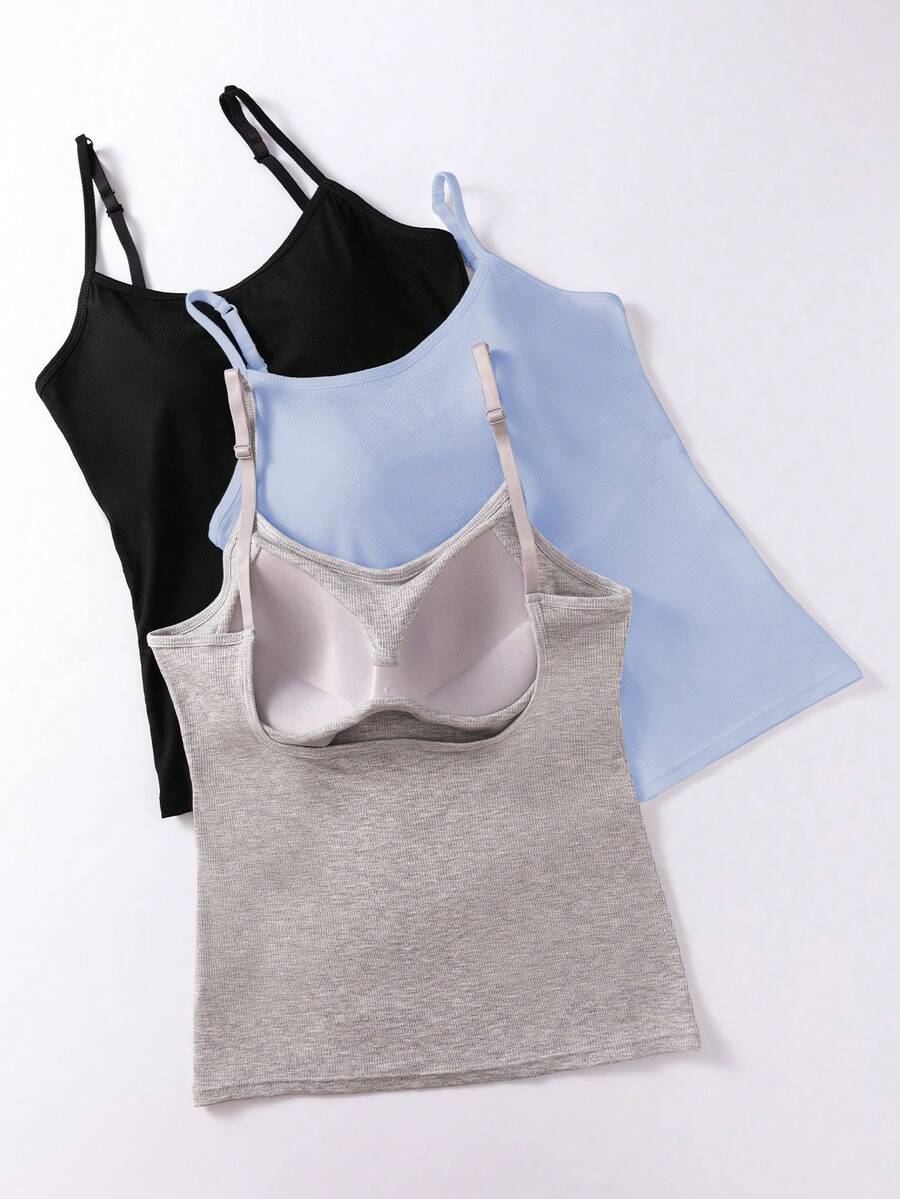 3 件套女式纯色罗纹针织吊带背心，带衬垫工字背心，休闲性感短款上衣 - 彩色 - 查看 1