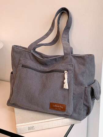 Bolso de tote de gran capacidad y múltiples bolsillos, unicolor, bolso de hombro de pana retro de gran tamaño para ir y venir al trabajo en otoño e invierno, bolso bandolera casual de moda, bolsa de compras para regalo de vacaciones de mujer