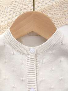 Baby Girl Knit Round Neck Openwork Solid Color Cardigan - Beige - View 2