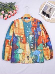 油畫印花加大款鈕扣衫