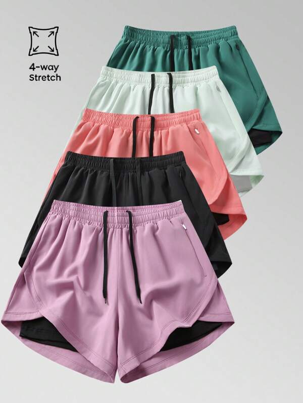 Pantaloni scurți pentru femei 1 buc cu pantaloni scurți încorporați, pantaloni sport solizi 2 în 1, costum elastic din 2 piese, potrivit pentru alergare, sport, yoga, fitness vara
