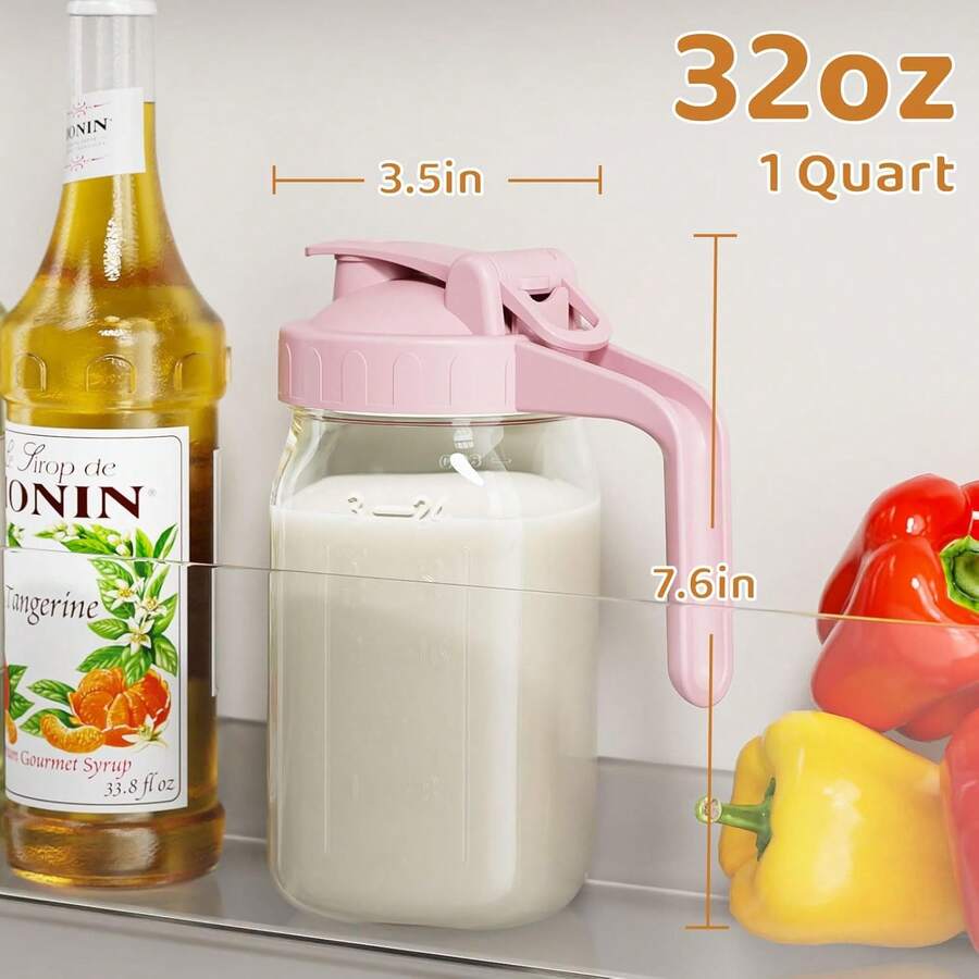 Breast Milk Pitcher, Mason Jar 32 Oz, Heavy Duty Wide Mouth Jar With Pink Flip Cap Lid And Pour Spout, Airtight Seal For Freshness And Convenience, Great For Cold Beverages And Home Entertaining - 玫紅色 - 查看 1
