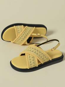 Thick Sole Women's Strap Buckle Sandals, Coffee Brown Retro Vacation Bohemian Open Toe, Comfortable Spring/Autumn/Summer New Wedge Flat Breathable Non-Fatiguing Fashion Outdoor Beach Woven Casual Shoes, 2026 Spring/Autumn Strap Roman Sandals, Plus Size Women Shoes Size 41-43 - Yellow - View 4