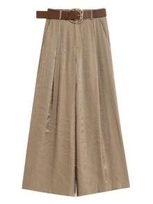 Pantalones anchos y sueltos para mujer, pantalones de moda para primavera/verano, pantalones de cintura alta y pierna ancha, pantalones casuales y elegantes para damas - Caqui - Ver 4