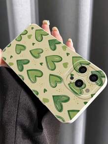 1pc Heart-Shaped Printed Green Mobile Phone Case, Compatible With Apple And
